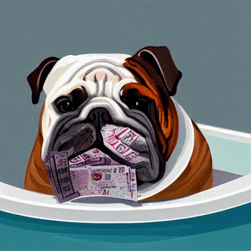 Image similar to english bulldog in bathtub with stacks of bills, artstation