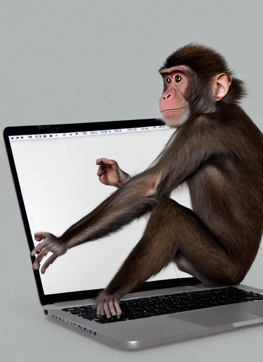 Prompt: A realistic photo of a monkey using a macbook, cinematic, detailed