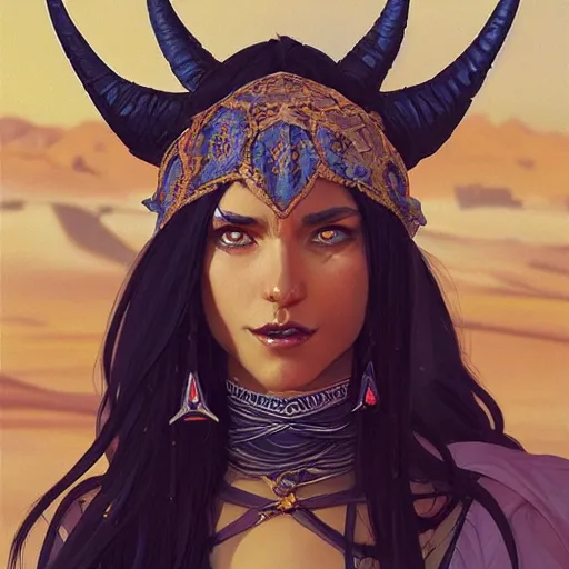 Prompt: portrait of a berber tiefling woman with devil horns and black hair in a ponytail in a desert, fantasy, highly detailed, digital painting, artstation, concept art, character art, art by greg rutkowski, tyler jacobson, alphonse mucha, ross tran and makoto shinkai