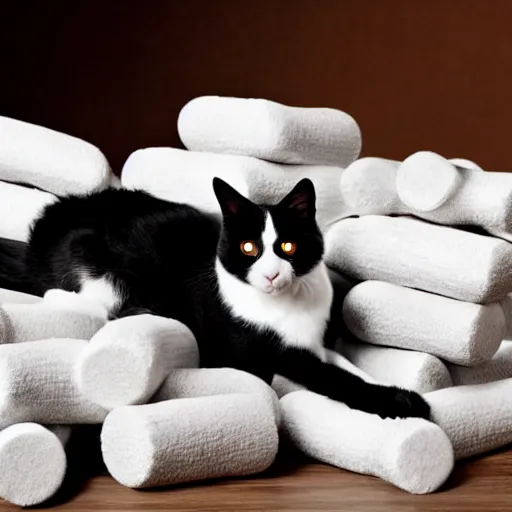 Image similar to A tuxedo cat lying on top of a pile of narcotics seized by the authorities