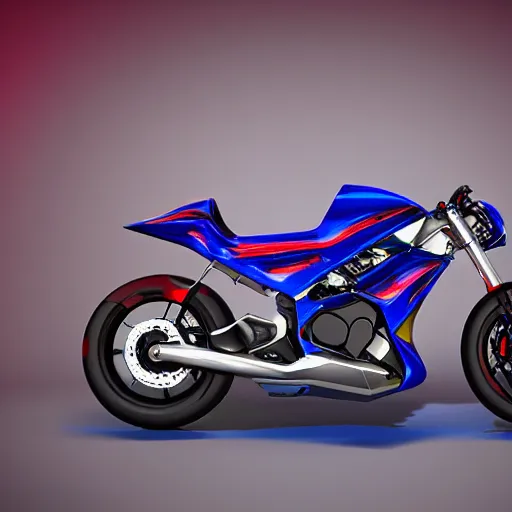 Image similar to prototype, futuristic touring motorbike, show room in background, symmetrical mechanical features, slick tires, designed by professional, smooth curvatures, brushed red and blue paint, hard surfaces modelling, dramatic lighting, hyper realistic rendering, depth of field, bokeh effect, 4 k