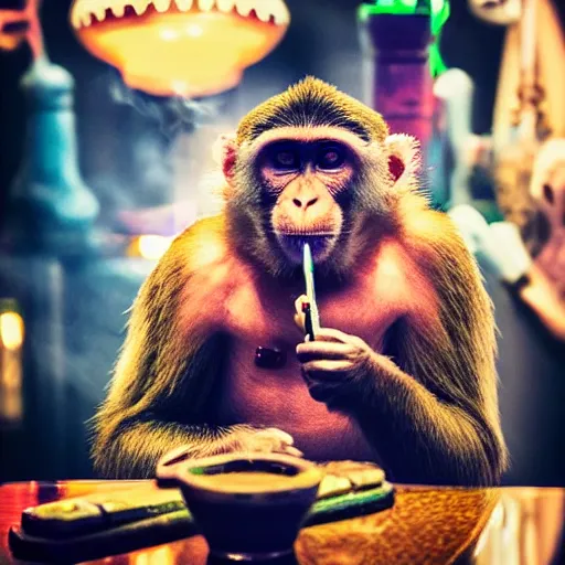 Image similar to Monkey happily smoking on a shisha pipe at a shisha bar, iPhone photo
