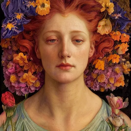 Image similar to queen of flowers, by annie swynnerton and charlie bowater and tino rodriguez and nicholas roerich and jean delville and evelyn de morgan and lucien freud, dramatic lighting, floral tattoos, rich colors, smooth sharp focus, extremely detailed, donato giancola, adolf wolfli