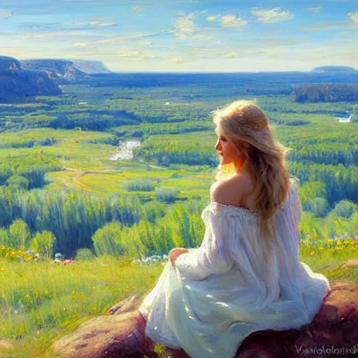 Prompt: blonde woman watching over the swedish countryside, archipelago, masterpiece, highly detailed, beautiful, atmospheric, impressionism, painting by Vladimir Volegov