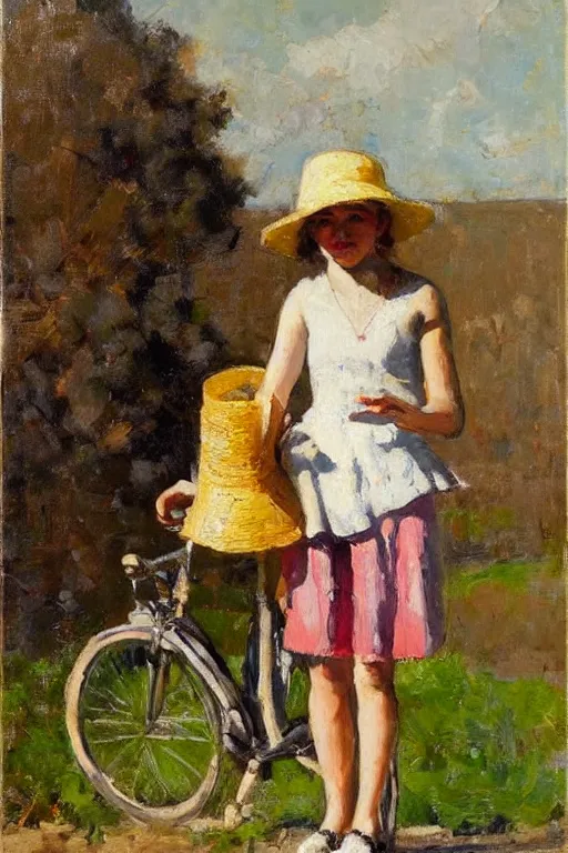 Image similar to girl with summerhat, standing next to bicycle, joseph todorovitch