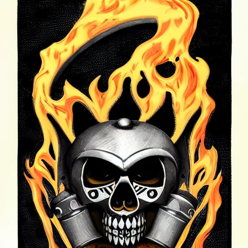 Prompt: skull helm with flaming eyes, pulp fantasy illustration