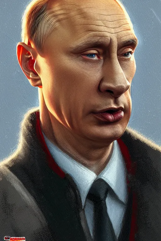 Image similar to vladimir putin as funny and stupid homer simpson, closeup, d & d, fantasy, intricate, elegant, highly detailed, digital painting, artstation, concept art, matte, sharp focus, illustration, hearthstone, art by artgerm and greg rutkowski and alphonse mucha