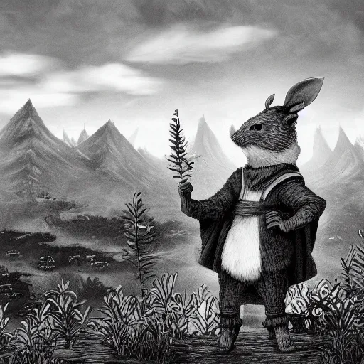 Image similar to a black and white matte painting of an anthropomorphic rat dressed in medieval clothing, renaissance, studio Ghibli, open landscape, plants