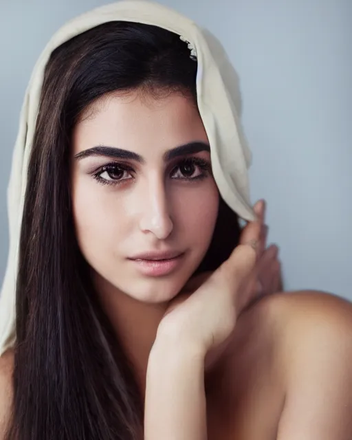 Image similar to a highly realistic, true to life portrait of a beautiful young middle eastern girl, soft focus, from the waist up, with sharp features, a beautiful face, soft smile, under studio lighting, taken with a canon eos camera with 1 3 5 mm focal length