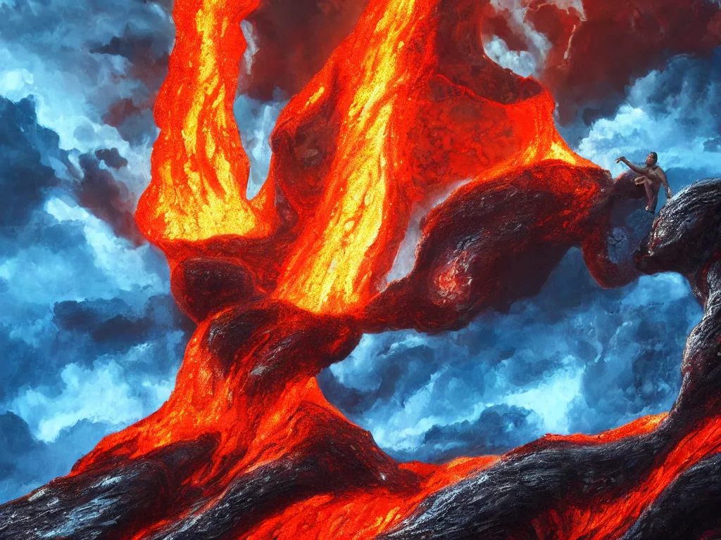 Prompt: arnold schwarzenegger surfing on lava, muscular, erupting volcano, stunning scene, 8 k, extremely detailed digital painting, depth, bright colors, trending on artstation