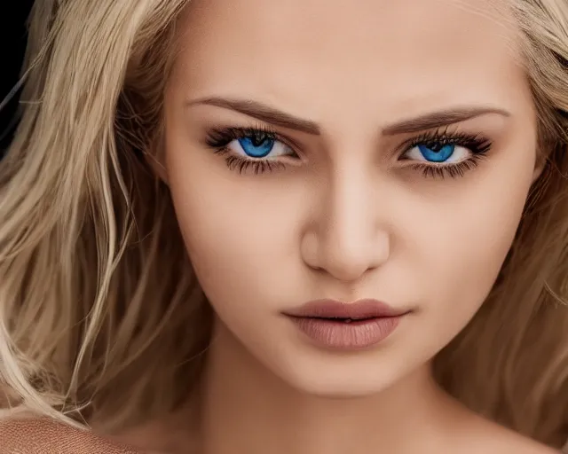 Image similar to the most beautiful blonde woman in the world, hyper realistic face, beautiful eyes, cinematic, close - up, hyper detailed, 8 5 mm photograph, 8 k resolution, film still, sharp lens, wide lens