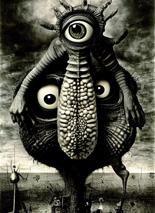 Prompt: photograph of mike wazowski from monsters inc. by hieronymus bosch, joel peter witkin, misha gordin, gustave dore, matte painting