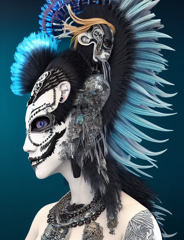 Image similar to 3 d goddess close - up profile portrait punk with mohawk with ram skull. beautiful intricately detailed japanese crow kitsune mask and clasical japanese kimono. betta fish, jellyfish phoenix, bio luminescent, plasma, ice, water, wind, creature, artwork by tooth wu and wlop and beeple and greg rutkowski