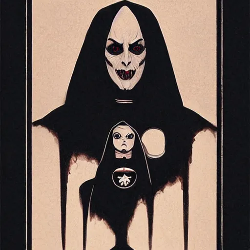 Image similar to scary female vampire nun, symmetrical face, evil grin, nun outfit, portrait size, cinematic, dramatic, super detailed and intricate, by koson ohara, by darwyn cooke, by greg rutkowski, by satoshi kon