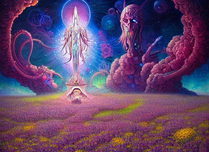 Image similar to a beautiful painting of a large alien shrine shrouded by mystic nebula magic in a field of flowers by moebius and android jones, oil on canvas sharp, details, hyper - detailed, hd, hdr, 4 k, 8 k