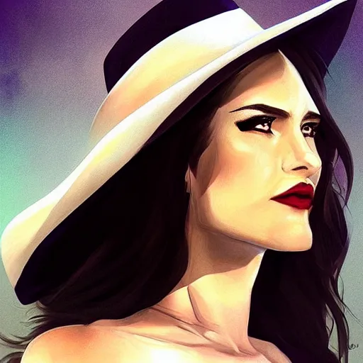 Image similar to portrait of a young woman, long dark hair and an angular face with a scar across the chin. cowboy hat, daring and bold, con - artist and spy, beautiful, rpg, dnd, artgerm