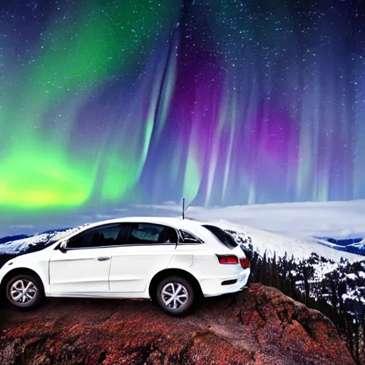 Image similar to car on a mountain. background is epic sky at night with northern lights. photorealistic. iridescent.