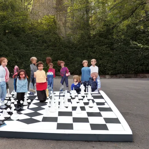 Prompt: children on a giant chessboard