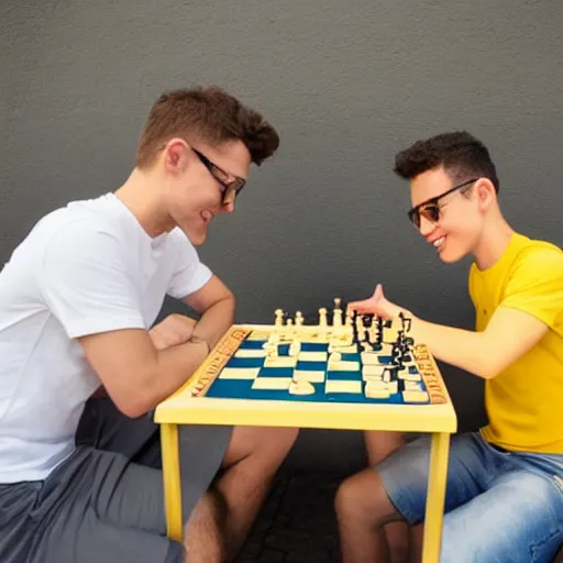 Image similar to two young guys are sitting at a table, playing chess. One is wearing a yellow tanktop and is smiling. The other has a white shirt and looks angry. The sky is blue with a Mediterranean background. Foto