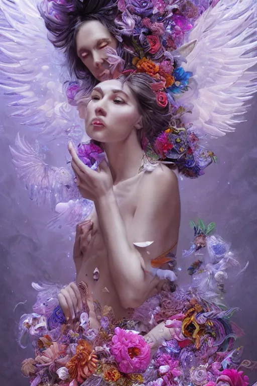 Image similar to beautiful model wearing crystal white feathers, god of psychedelics dancing in a vortex made of flowers, diamonds, angel, fantasy, dramatic lighting, highly detailed, digital painting, holding electricity, magic the gathering, hyper detailed, 3 d render, hyper realistic detailed portrait, peter mohrbacher, wlop, ruan jia
