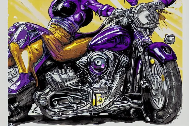 Prompt: Thanos riding a Harley Davidson by Sandra Chevrier