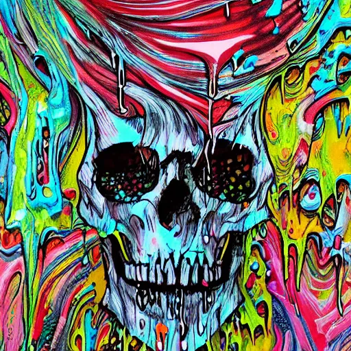 Image similar to drippy, dripping paint, skull, trippy, glitch, miyazaki style, exaggerated accents