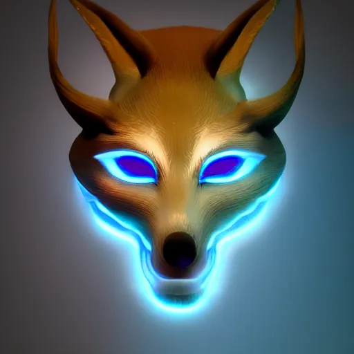 Image similar to a translucent beautiful made holographic kitsune mask in the middle of the picture, sourrounded by fod, intricate unreal engine 5 creation, movie still