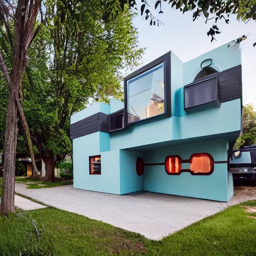 Image similar to view of a house from the street. style: retro futurism