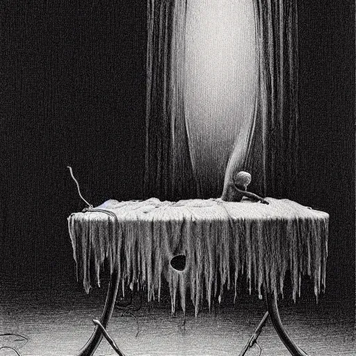 Prompt: a ghost ironing on an ironing board, art by beksinski, bernie wrightson, junji ito, trending on artstation, optical illusion, horror film, creepypasta