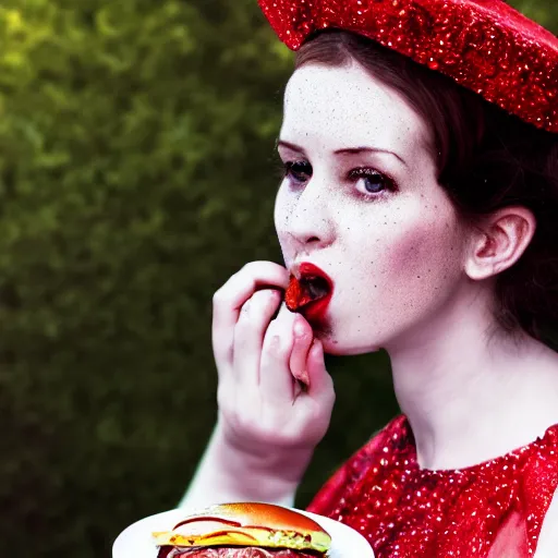 Image similar to victorian lady eating a burger, full body, intrincate, red and white, glitter, depth of field, 8k, hyper detailed, trending on artstation