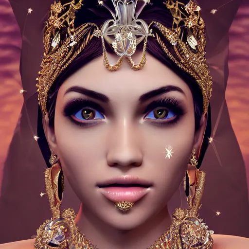 Prompt: portrait of wonderful princess of diamond with fair skin, ornate with diamonds, 8 k, gorgeous, intricate, detailed, glowing white accent lighting, dramatic lighting, octane render