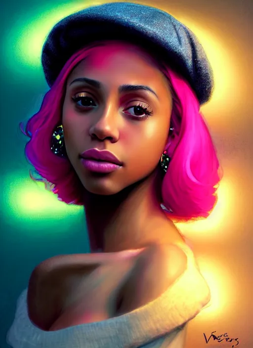 Image similar to portrait of teenage vanessa morgan with bright pink hair, black girl, vanessa morgan, curly pixie cut hair, wearing newsboy cap, newsboy cap, hoop earrings, intricate, elegant, glowing lights, highly detailed, digital painting, artstation, concept art, smooth, sharp focus, illustration, art by wlop, mars ravelo and greg rutkowski