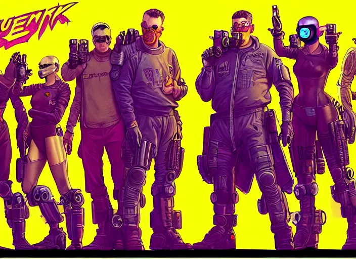 Image similar to cyberpunk hazmat team. portrait by stonehouse and mœbius and will eisner and gil elvgren and pixar. character design. realistic proportions. cyberpunk 2 0 7 7 character art, blade runner 2 0 4 9 concept art. cel shading. attractive face. thick lines. the team. diverse characters. shadowrun.