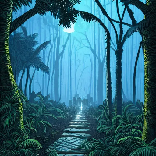 Image similar to a path through the jungle illuminated with torches, by dan mumford, artstation