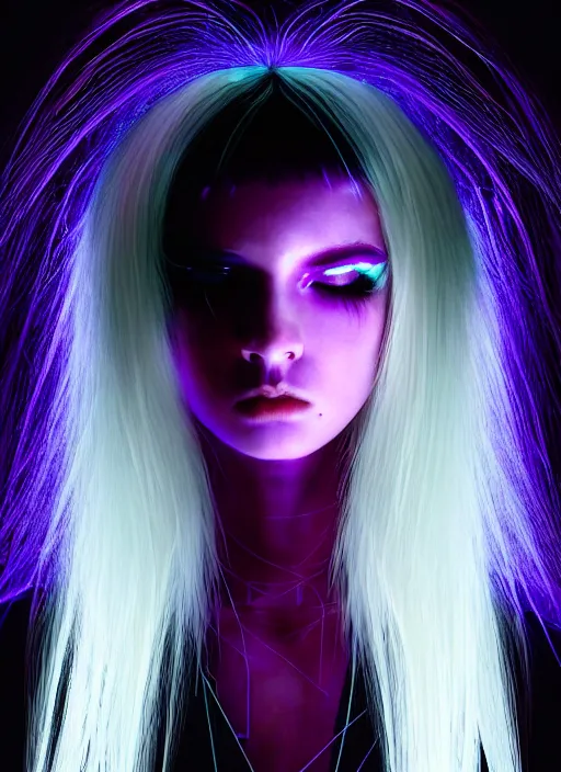 Image similar to hair whitebangs hair, black cyberlox, portrait of teenage girl with white bangs, whitebangsblackhair, messy bangs, cyberlox, whitebangs, red irises, purple clothes, intricate, elegant, glowing lights, highly detailed, digital painting, artstation, concept art, sharp focus, illustration, art by wlop, mars ravelo and greg rutkowski