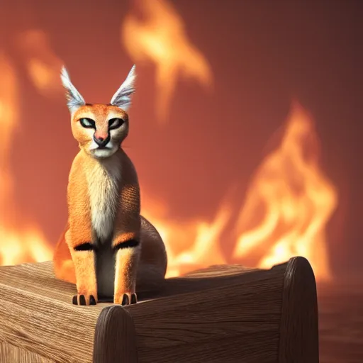 Image similar to wide-angle photo of cute caracal sitting on a wooden chair in a room, flames of fire at background, octane render, 3d, 8k , hd, studio light