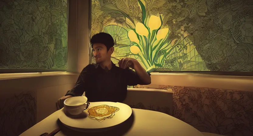 Prompt: isometric view, guy having chai, happy, flowers, absurdly beautiful, elegant, realistic ultrafine hyperrealistic detailed face illustration by wong kar - wai, intricate linework, sharp focus, bright colors, matte, unreal engine highly rendered, global illumination, radiant light, intricate environment