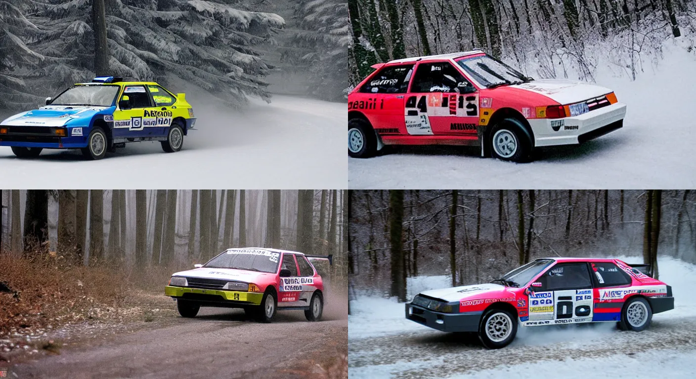 Prompt: a 1 9 9 2 mitsubishi galant vr - 4, racing through a rally stage in a snowy forest