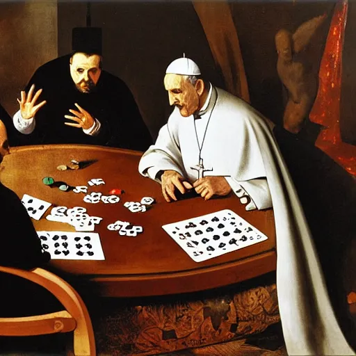 Prompt: the pope playing poker with satan, by velazquez