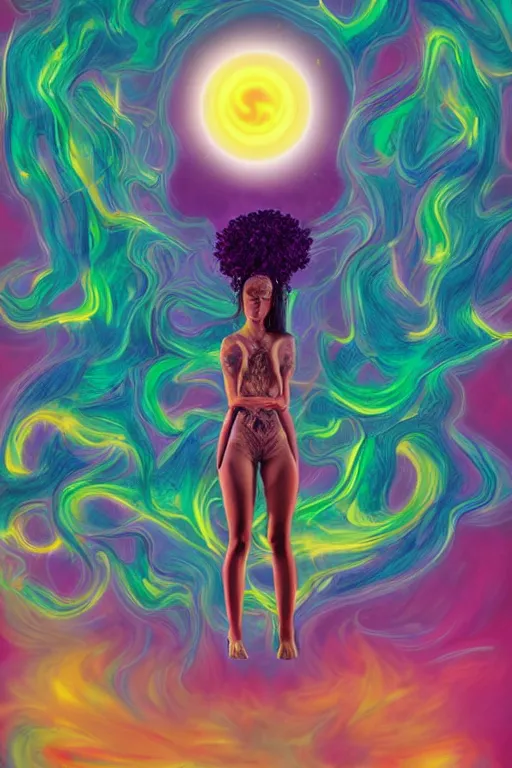 Image similar to overdetailed maximalist fullbody portrait of a beautiful female energy being transcending to her true form while floating over a surreal landscape. Made by oozium, inspired by silvio vieira, overpainted by loish. 8k 3d realistic render. Bright, sacred, spiritual, dawn, backlit, calm, relaxed, dynamic, ethereal, arcane, intricate, mysterious, dramatic, cinematic. Seen from below. Overpaint by phazed