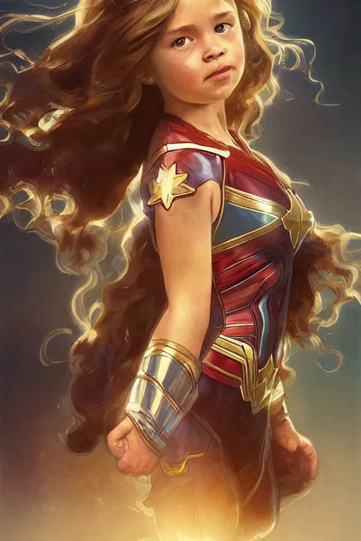 Image similar to a little girl with a michievous face and light brown curly wavy hair. she is dressed as captain marvel, wonder woman, captain america, a superhero. clean elegant painting, beautiful detailed face. by artgerm and greg rutkowski and alphonse mucha