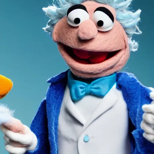 Image similar to rick sanchez as a muppet with blue hair wearing a white lab coat. highly detailed felt. hyper real photo. 4 k.