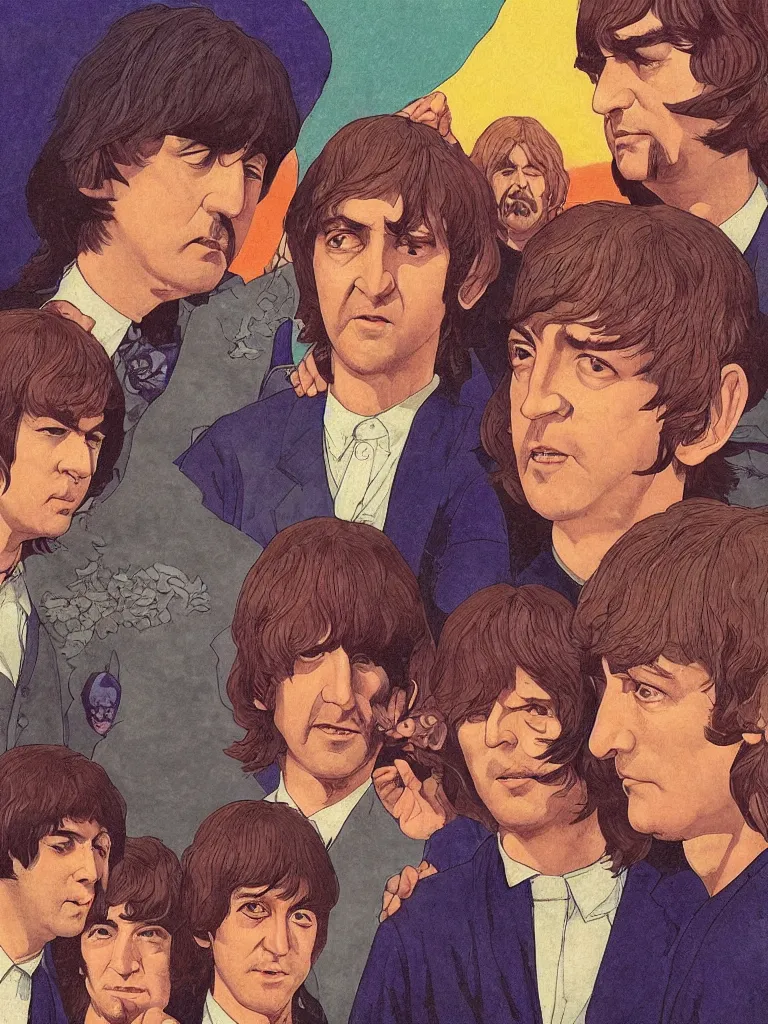 Image similar to an close up of the beatles as a characters from the lord of the rings, taking mind altering drugs, dreaming psychedelic hallucinations in the vast mordor landscape, by kawase hasui, moebius, edward hopper, colorful flat surreal design, dramatic lighting, hd, 8 k, artstation