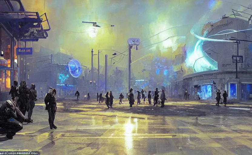 Image similar to people with posters attacking cops, a huge blue spiral - shaped white luminous attractor is floating on the horizon near the sun, stores in los angeles with light screens all over the street, concept art, art for the game, professional lighting, dark night lighting from streetlights, by ilya repin