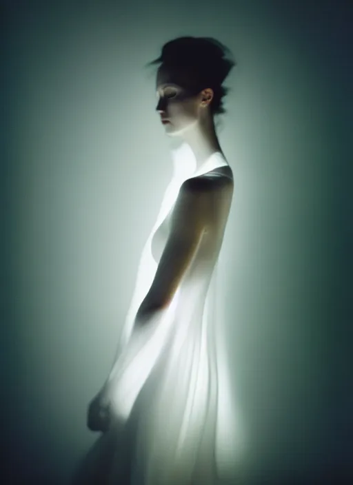 Prompt: kodak portra 4 0 0 photo portrait of a beautiful woman in style of paolo roversi antoine d'agata, lightpainting motion blur, dress in white, elegant, soft coloured gel lighting black background, highly detailed, sharp focus, ethereal, out worldly colours, emotionally evoking, head in focus, soft blur coloured gel light dreamy, volumetric lighting