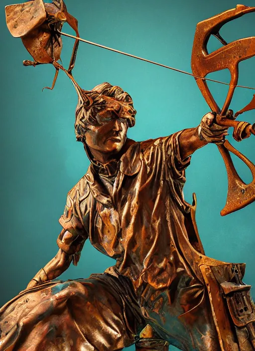 Image similar to An epic fantastic realism comic book style painting of a distressed bronze archery sculpture from the future by Stanislaw Szukalski, beautiful colorful flowers rain down, gilded marbled paper overlay, fisheye lens, unreal 5, DAZ, hyperrealistic, octane render, dynamic lighting