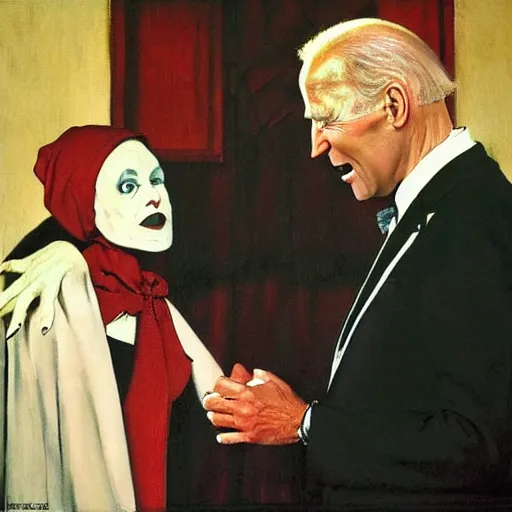 Image similar to joe biden dressed as nosferatu is terrified upon meeting the attractive wife of the world's most horrible man, painted by norman rockwell and tom lovell and frank schoonover