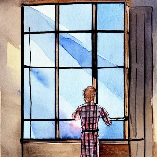 Image similar to person in pyjamas standing near window, sun rays, daylight, big french door window, 2 4 mm, wooden floor, modern, blue sky, photorealistic, high ceiling, watercolor painting