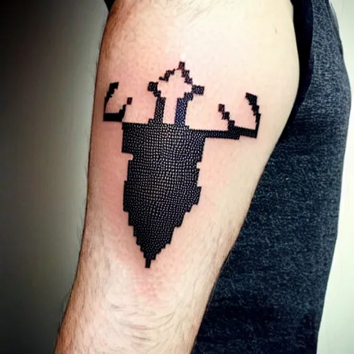 Image similar to dark geometric isometric pixel art crystaline stag head, tattoo on forearm