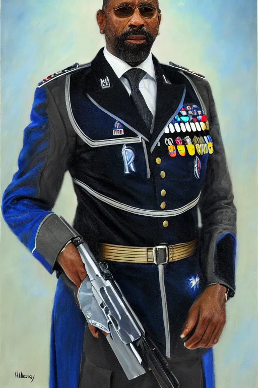 Image similar to full body portrait of the dictator of the orlando magic, 2 0 4 5, in full military garb, magic blue, silver, and black, oil on canvas by william sidney mount, trending on artstation, futuristic